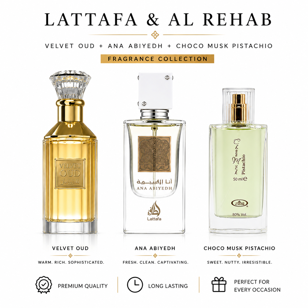 Lattafa | Velvet Oud + Ana Abiyedh | Al Rehab Choco Musk Pistachio | Fragrance Collection
