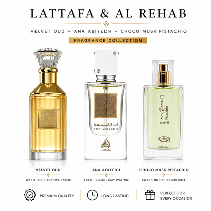 Lattafa | Velvet Oud + Ana Abiyedh | Al Rehab Choco Musk Pistachio | Fragrance Collection