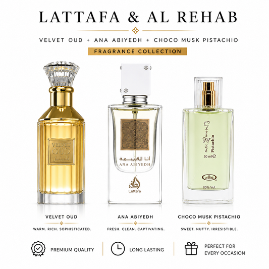 Lattafa | Velvet Oud + Ana Abiyedh | Al Rehab Choco Musk Pistachio | Fragrance Collection